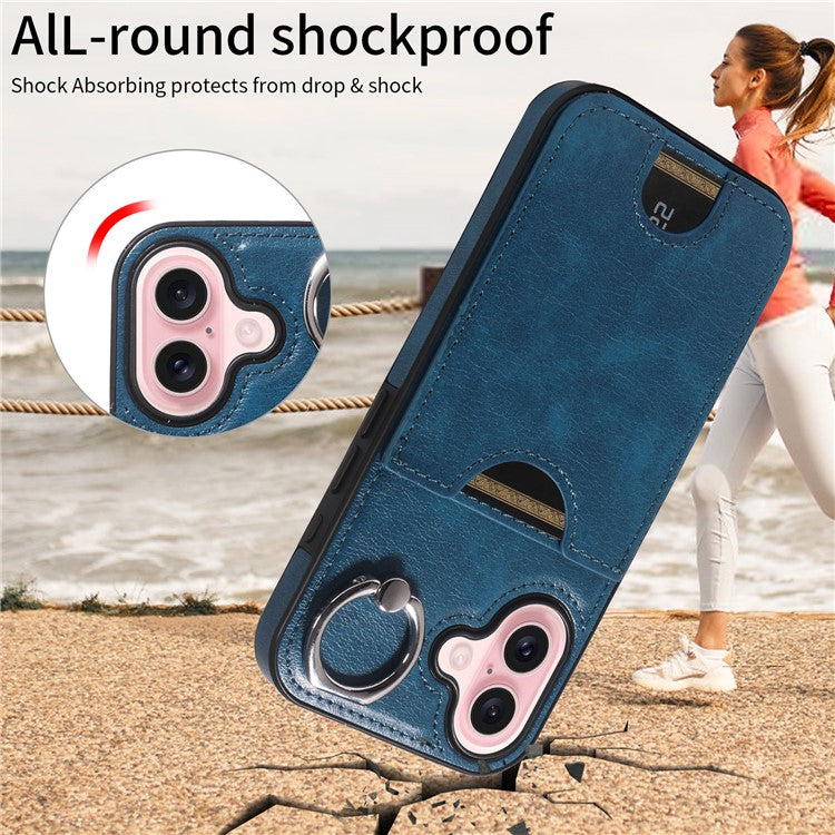 006 For iPhone 16 Case Anti-Drop Leather + TPU Phone Cover Card Slot Ring Kickstand - Blue