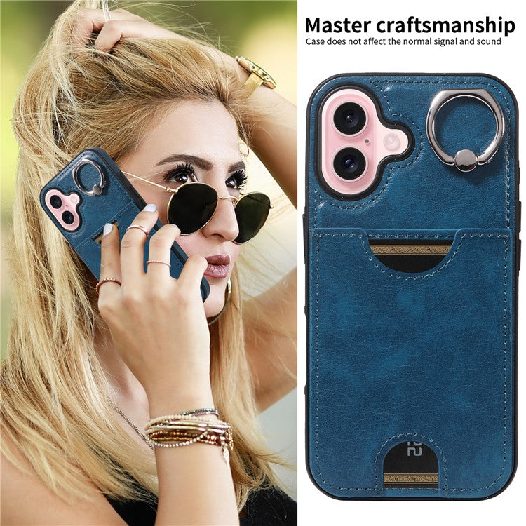 006 For iPhone 16 Case Anti-Drop Leather + TPU Phone Cover Card Slot Ring Kickstand - Blue
