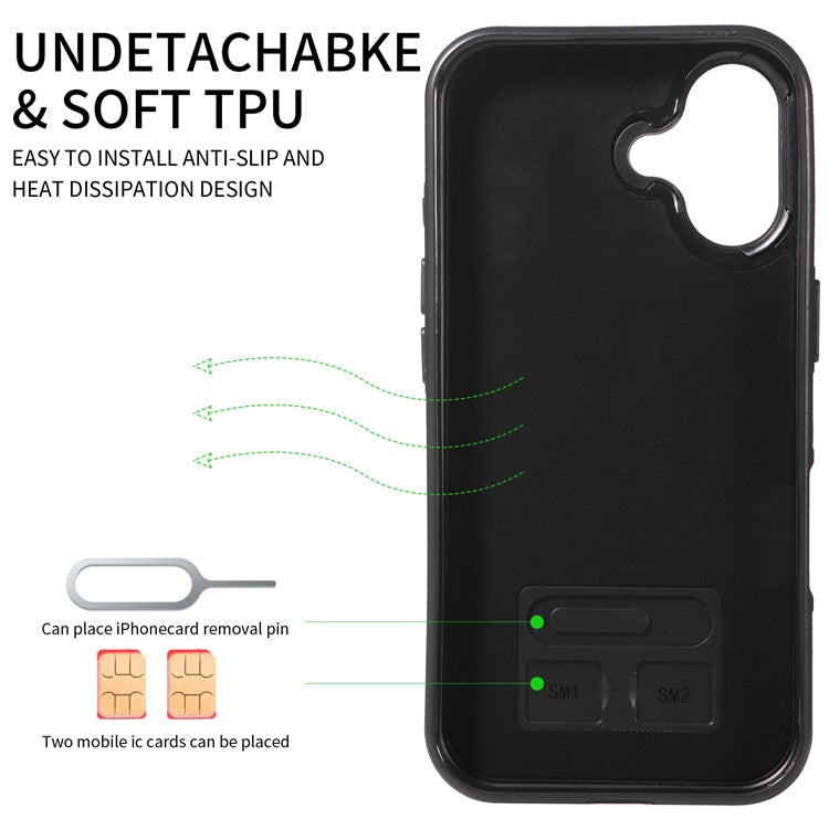 006 For iPhone 16 Case Anti-Drop Leather + TPU Phone Cover Card Slot Ring Kickstand - Blue