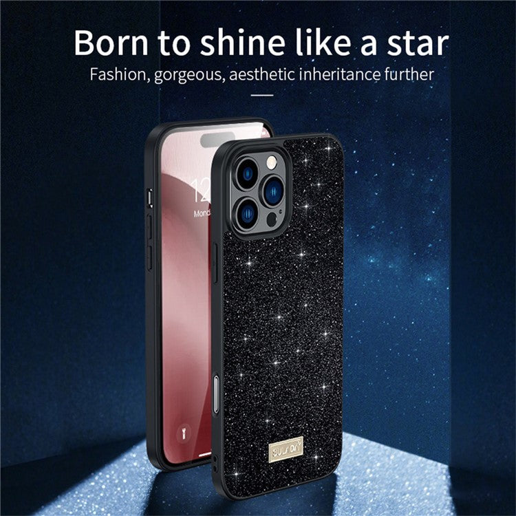 SULADA For iPhone 16 Pro Case PU Leather+PC+TPU Glitter Sequins Back Phone Cover - Black
