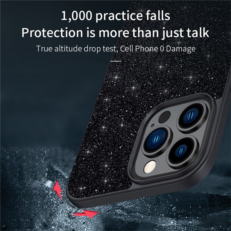 SULADA For iPhone 16 Pro Case PU Leather+PC+TPU Glitter Sequins Back Phone Cover - Black