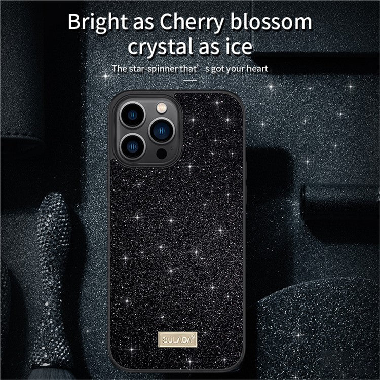 SULADA For iPhone 16 Pro Case PU Leather+PC+TPU Glitter Sequins Back Phone Cover - Black