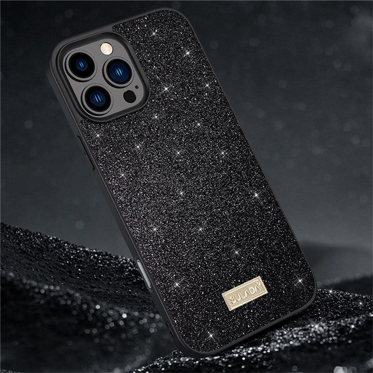 SULADA For iPhone 16 Pro Case PU Leather+PC+TPU Glitter Sequins Back Phone Cover - Black