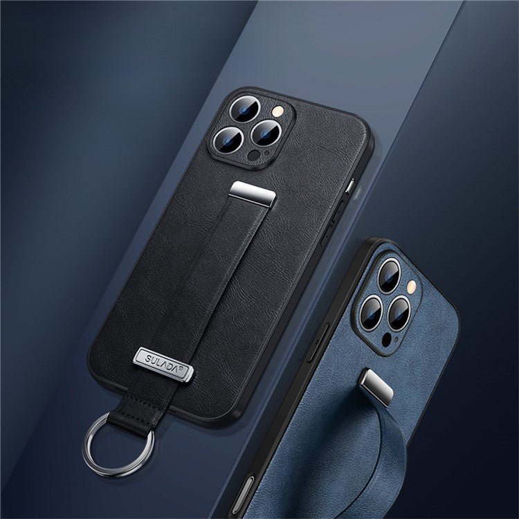 SULADA Fashion Series for iPhone 16 Pro Case Wristband Kickstand Leather Back Phone Cover - Brown
