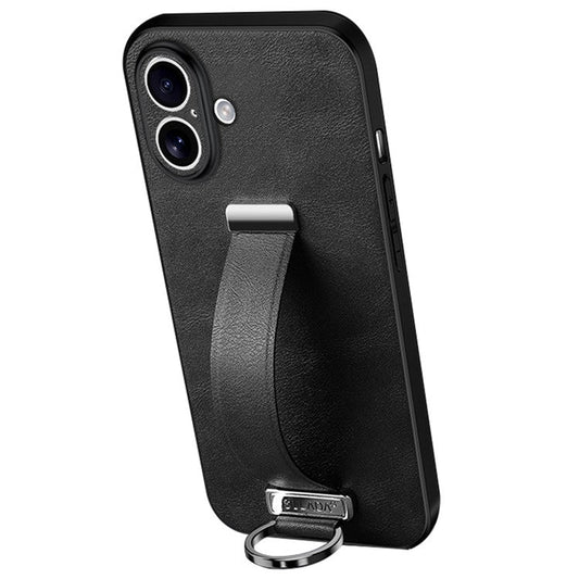 SULADA Fashion Series for iPhone 16 Plus Case Wristband Kickstand Leather Back Phone Cover - Black
