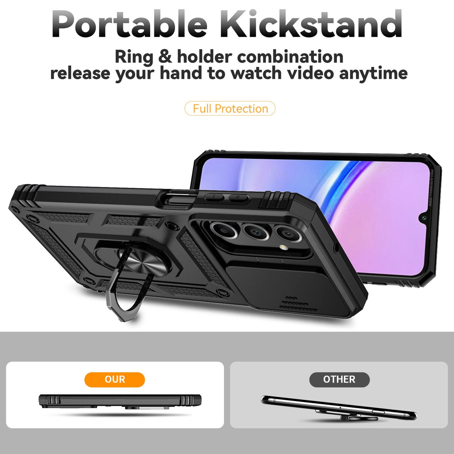 For Samsung Galaxy A16 5G / A16 4G Case PC + TPU Phone Cover Lens Ultimate Protection Kickstand - Black