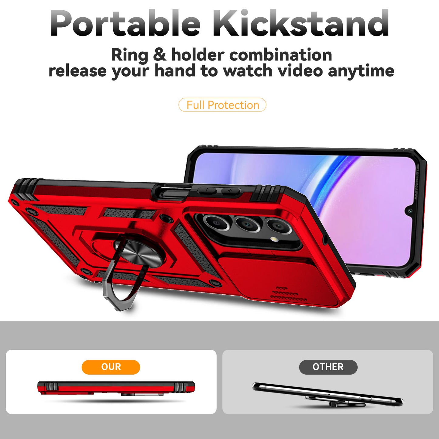 For Samsung Galaxy A16 5G / A16 4G Case PC + TPU Phone Cover Lens Ultimate Protection Kickstand - Red