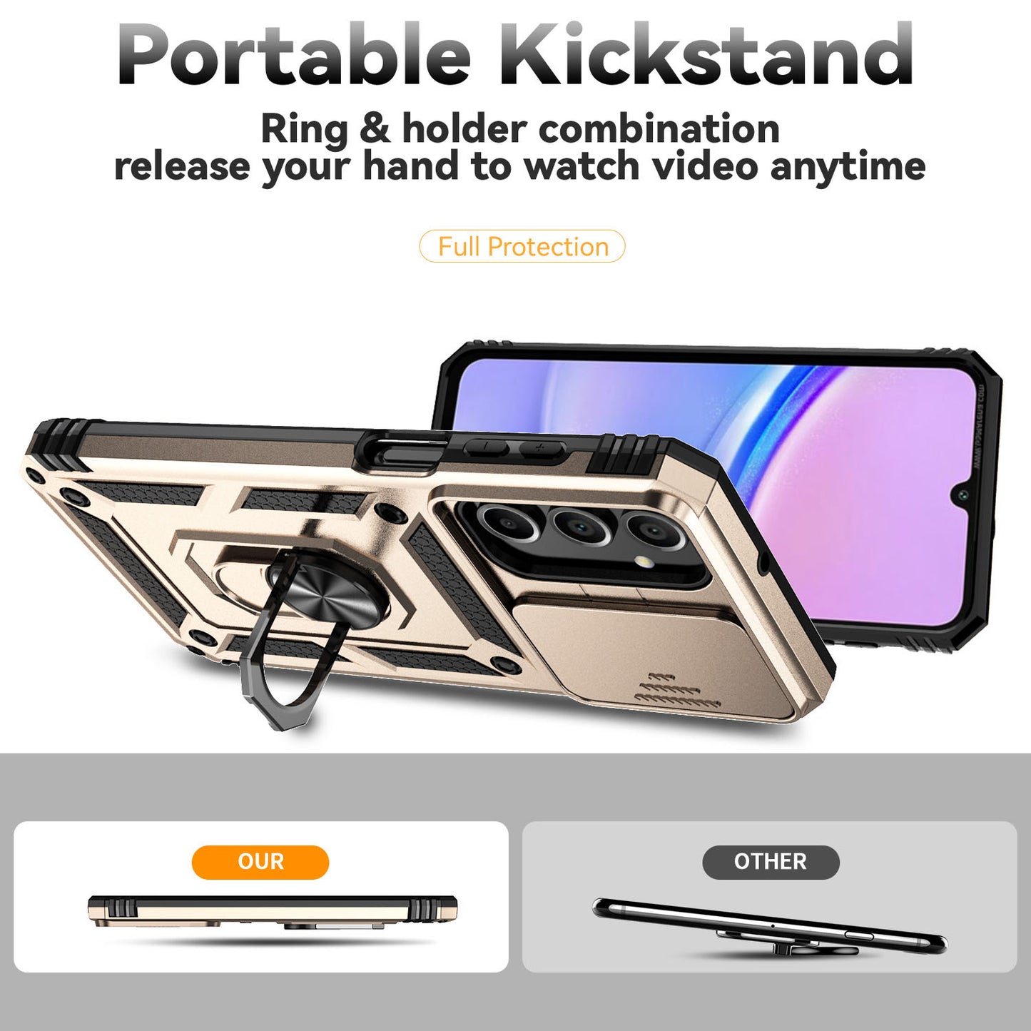 For Samsung Galaxy A16 5G / A16 4G Case PC + TPU Phone Cover Lens Ultimate Protection Kickstand - Gold