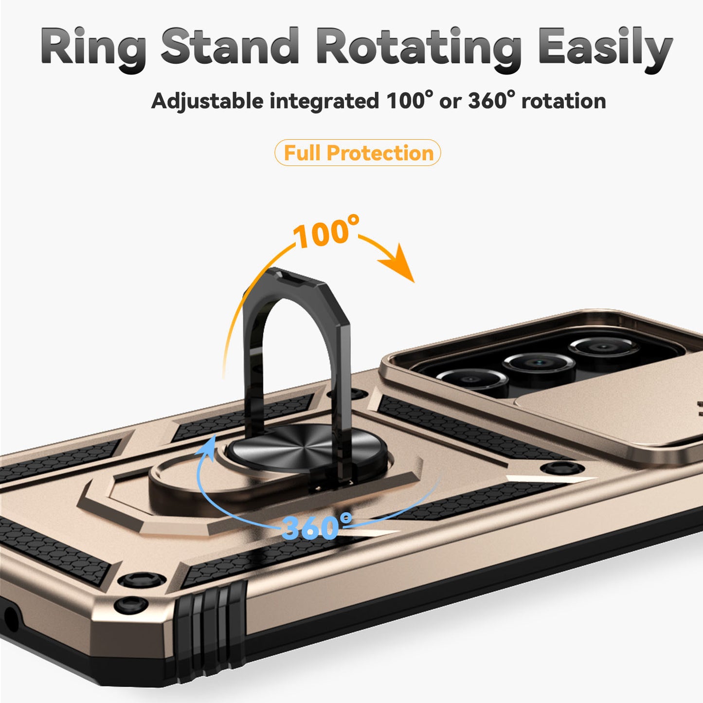 For Samsung Galaxy A16 5G / A16 4G Case PC + TPU Phone Cover Lens Ultimate Protection Kickstand - Gold