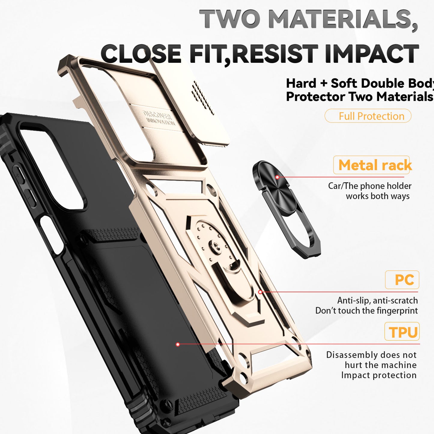 For Samsung Galaxy A16 5G / A16 4G Case PC + TPU Phone Cover Lens Ultimate Protection Kickstand - Gold