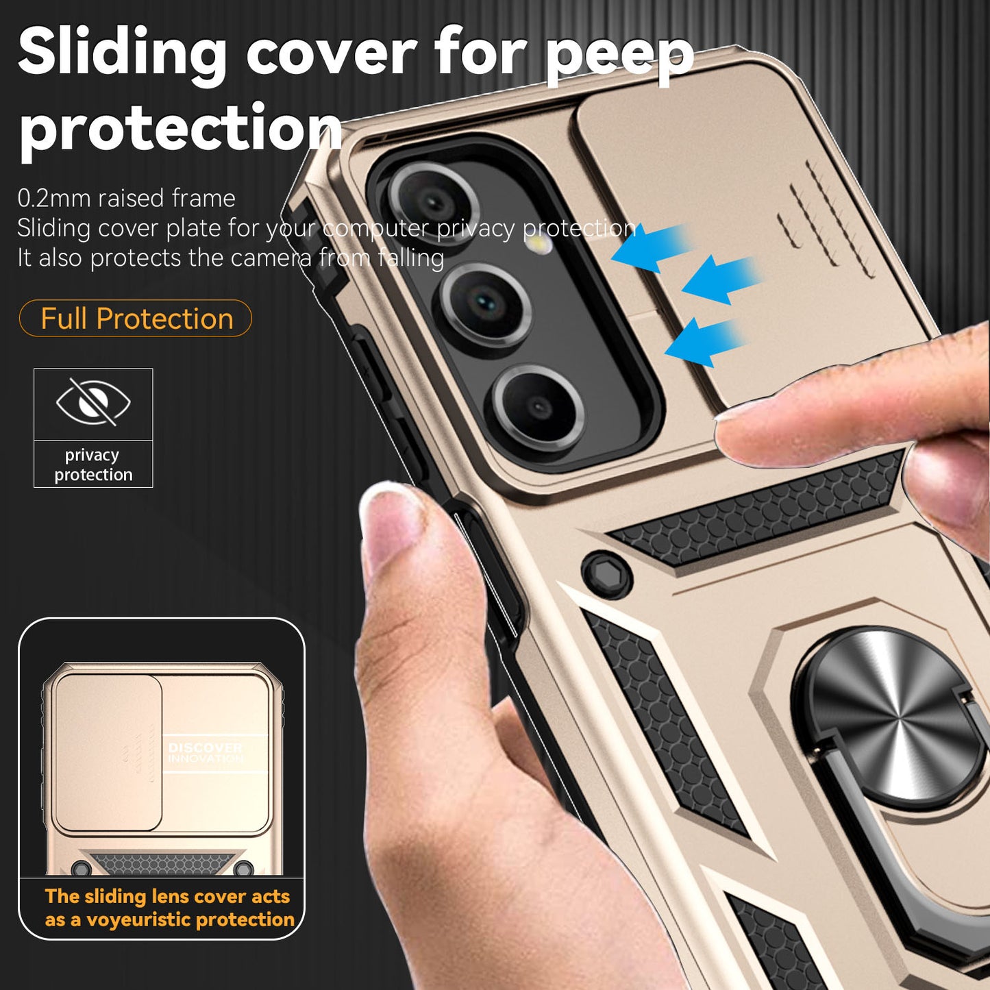 For Samsung Galaxy A16 5G / A16 4G Case PC + TPU Phone Cover Lens Ultimate Protection Kickstand - Gold
