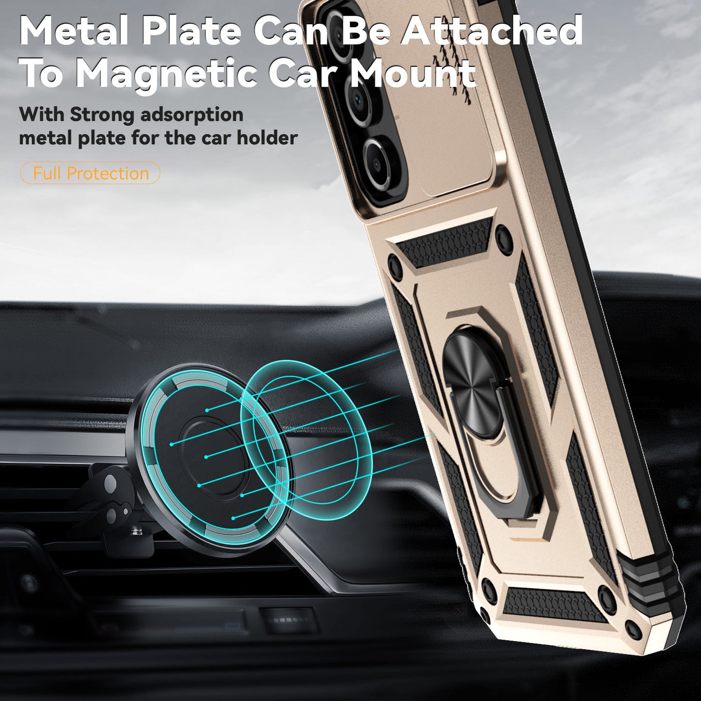 For Samsung Galaxy A16 5G / A16 4G Case PC + TPU Phone Cover Lens Ultimate Protection Kickstand - Gold