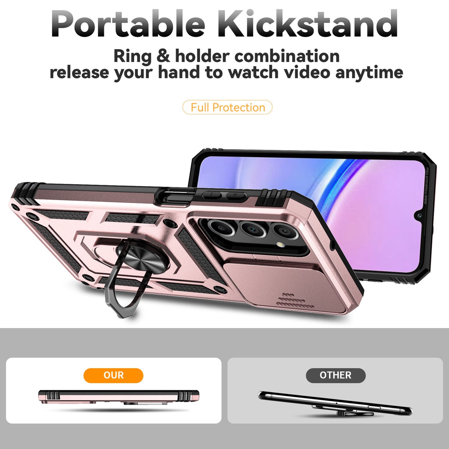 For Samsung Galaxy A16 5G / A16 4G Case PC + TPU Phone Cover Lens Ultimate Protection Kickstand - Rose Gold