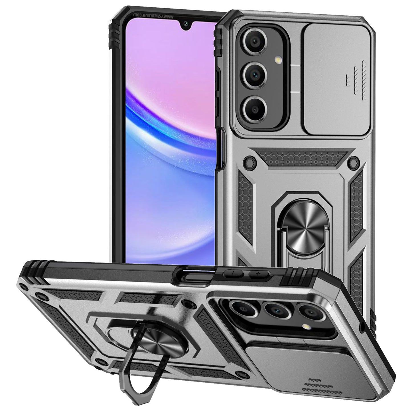 For Samsung Galaxy A16 5G / A16 4G Case PC + TPU Phone Cover Lens Ultimate Protection Kickstand - Silver