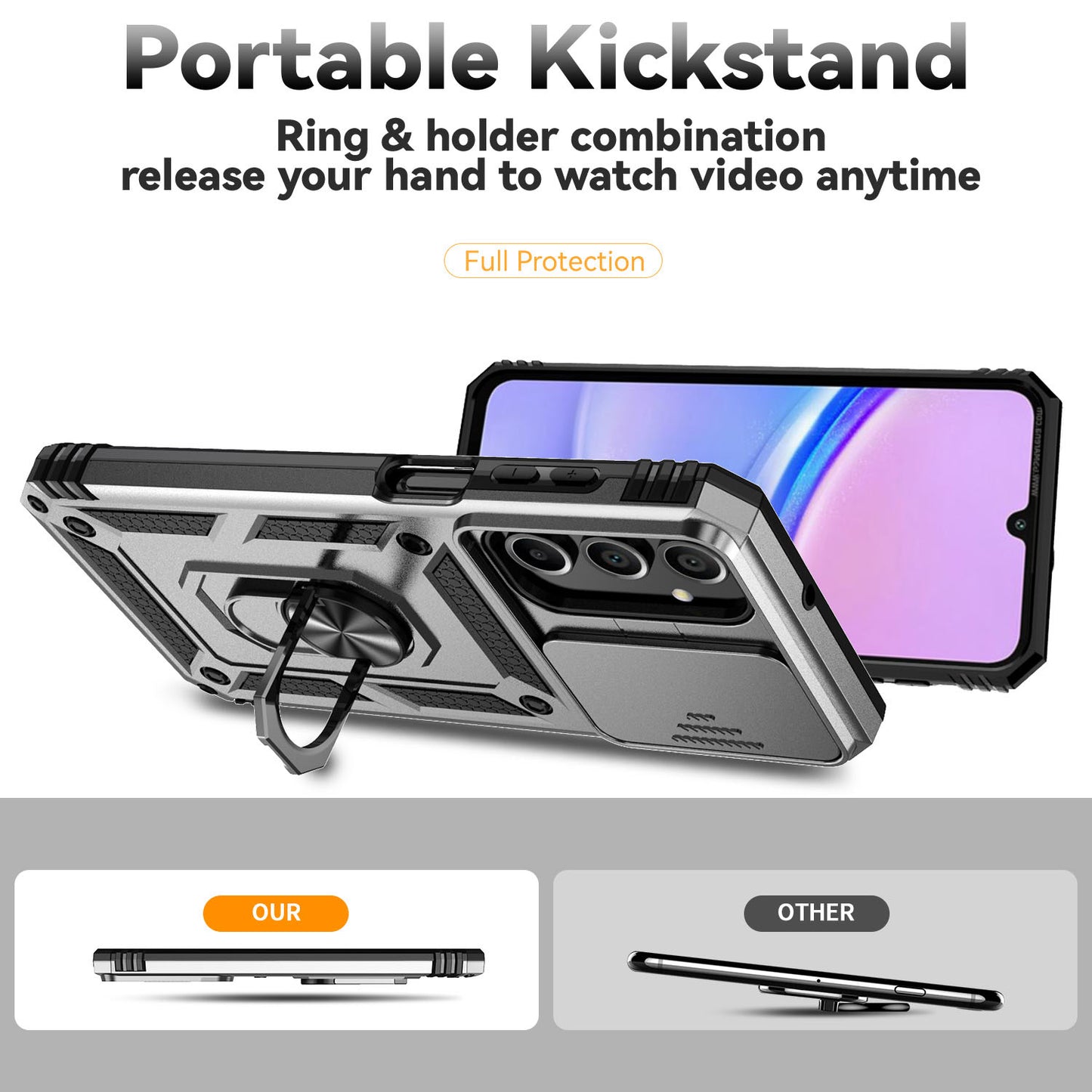 For Samsung Galaxy A16 5G / A16 4G Case PC + TPU Phone Cover Lens Ultimate Protection Kickstand - Silver