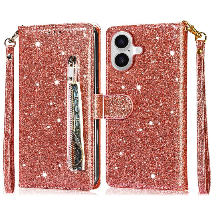 For iPhone 16 Stand Case Glitter Phone Leather Cover Zipper Pocket - Rose Gold