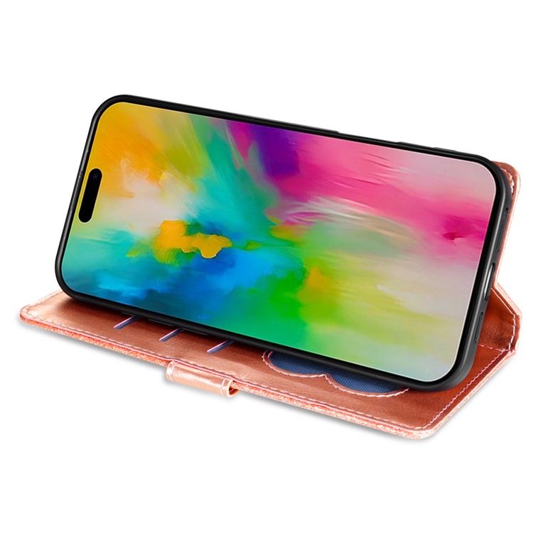 For iPhone 16 Stand Case Glitter Phone Leather Cover Zipper Pocket - Rose Gold