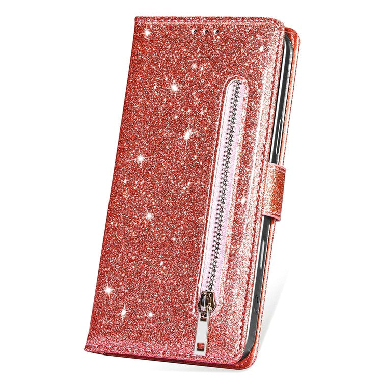 For iPhone 16 Stand Case Glitter Phone Leather Cover Zipper Pocket - Rose Gold