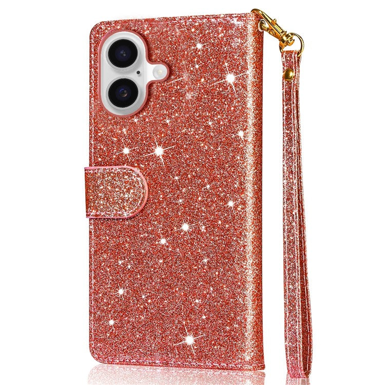 For iPhone 16 Stand Case Glitter Phone Leather Cover Zipper Pocket - Rose Gold