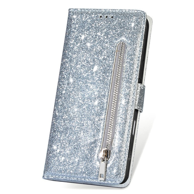 For iPhone 16 Plus Stand Case Glitter Phone Leather Cover Zipper Pocket - Silver