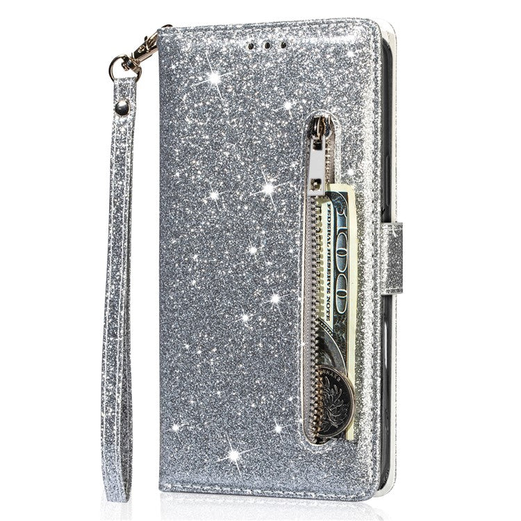 For iPhone 16 Plus Stand Case Glitter Phone Leather Cover Zipper Pocket - Silver