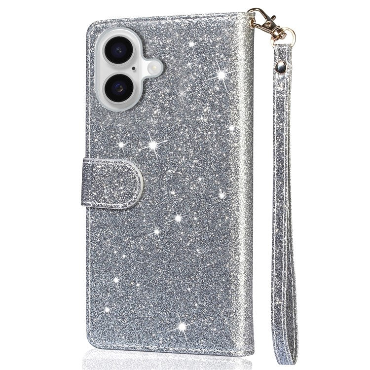 For iPhone 16 Plus Stand Case Glitter Phone Leather Cover Zipper Pocket - Silver
