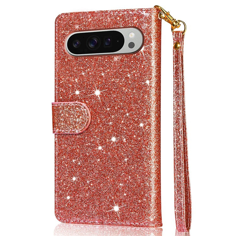 For Google Pixel 9 Pro / Pixel 9 Stand Case Glitter Phone Leather Cover Zipper Pocket - Rose Gold