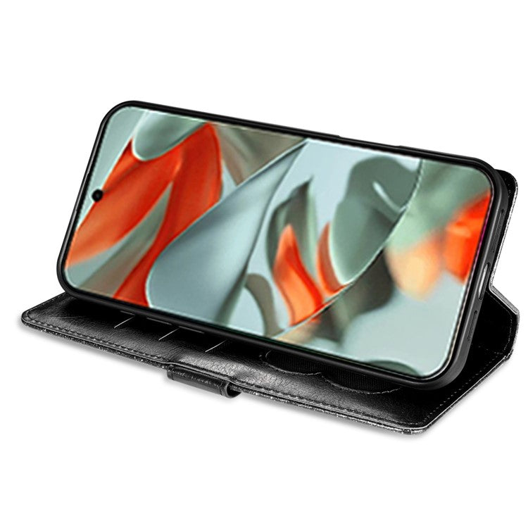 For Google Pixel 9 Pro / Pixel 9 Stand Case Glitter Phone Leather Cover Zipper Pocket - Black