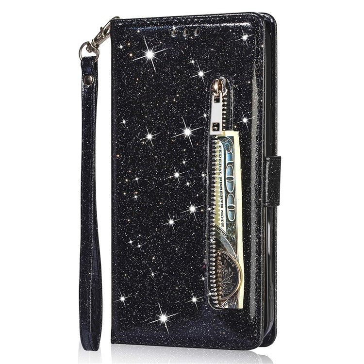 For Google Pixel 9 Pro / Pixel 9 Stand Case Glitter Phone Leather Cover Zipper Pocket - Black