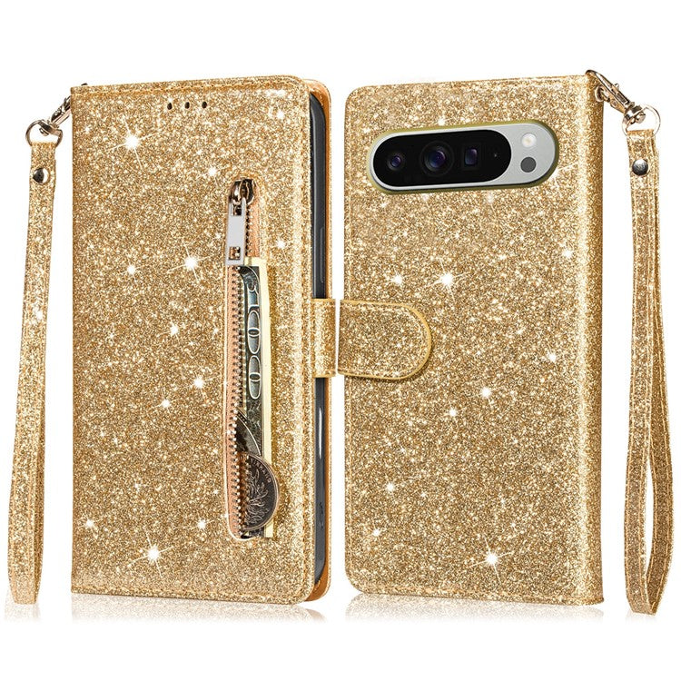 For Google Pixel 9 Pro / Pixel 9 Stand Case Glitter Phone Leather Cover Zipper Pocket - Gold