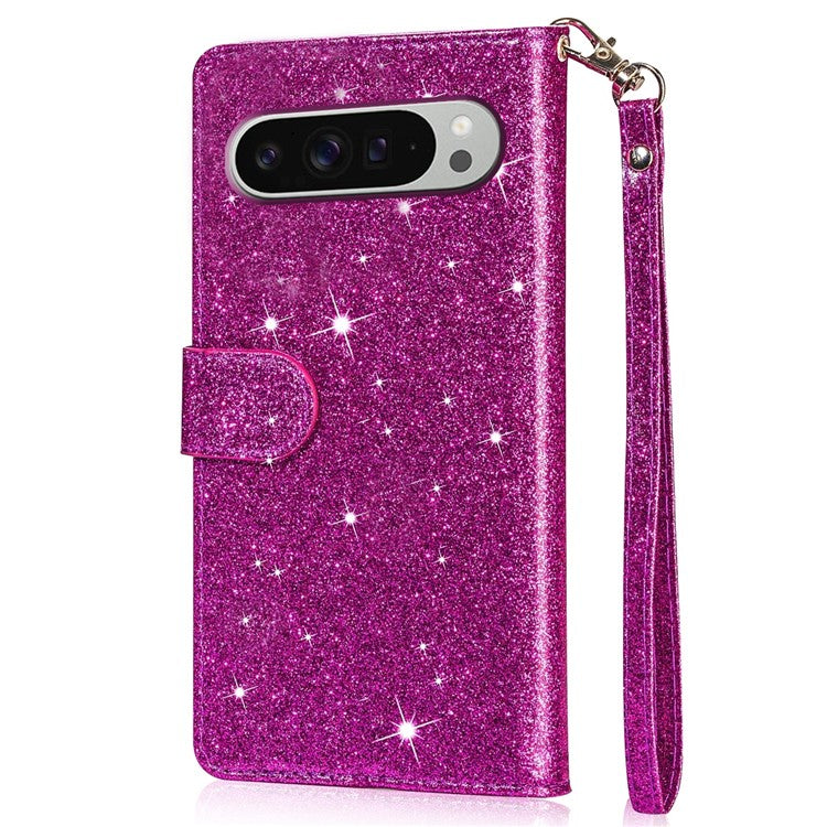 For Google Pixel 9 Pro / Pixel 9 Stand Case Glitter Phone Leather Cover Zipper Pocket - Purple