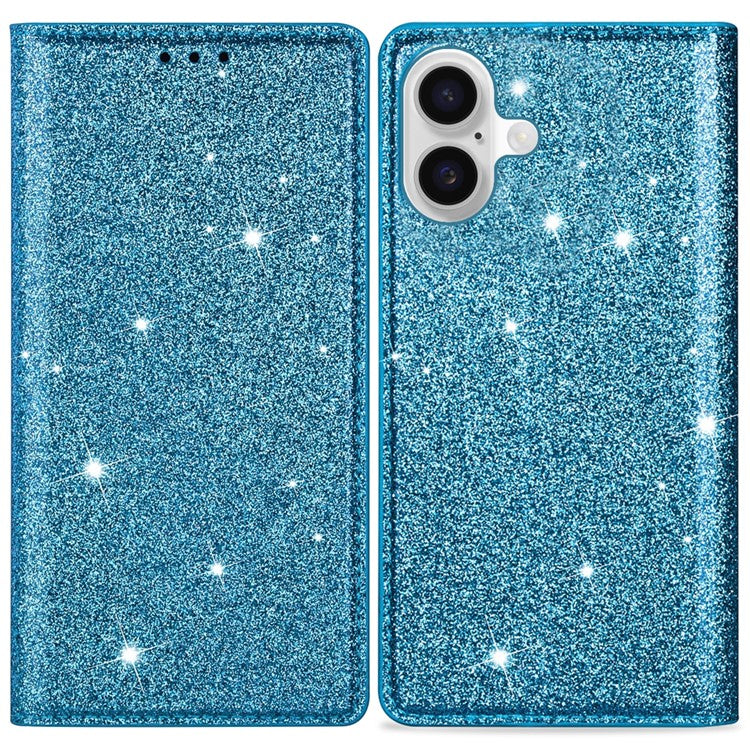 For iPhone 16 Case Glittery PU Leather+TPU Card Slot Phone Cover - Blue