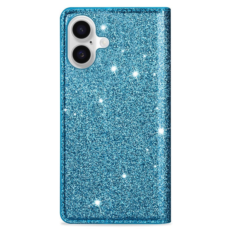 For iPhone 16 Case Glittery PU Leather+TPU Card Slot Phone Cover - Blue