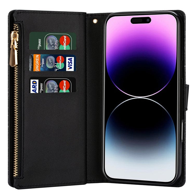 For iPhone 16 Plus Case Starry Sky Carving Leather Wallet Phone Cover - Black
