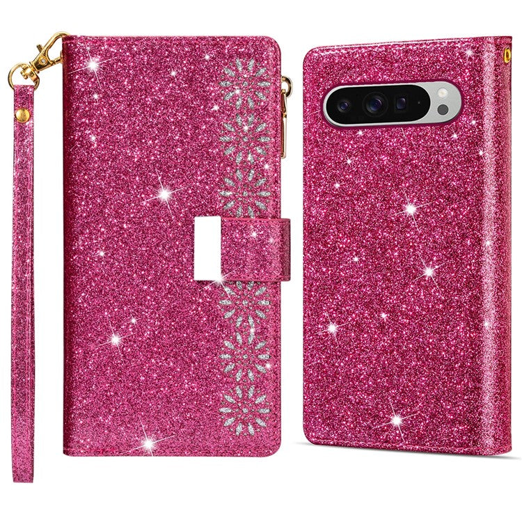 For Google Pixel 9 Pro / Pixel 9 Case Starry Sky Carving Leather Wallet Phone Cover - Rose