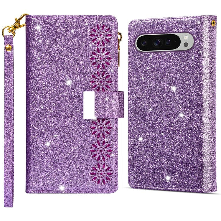 For Google Pixel 9 Pro XL Case Starry Sky Carving Leather Wallet Phone Cover - Purple