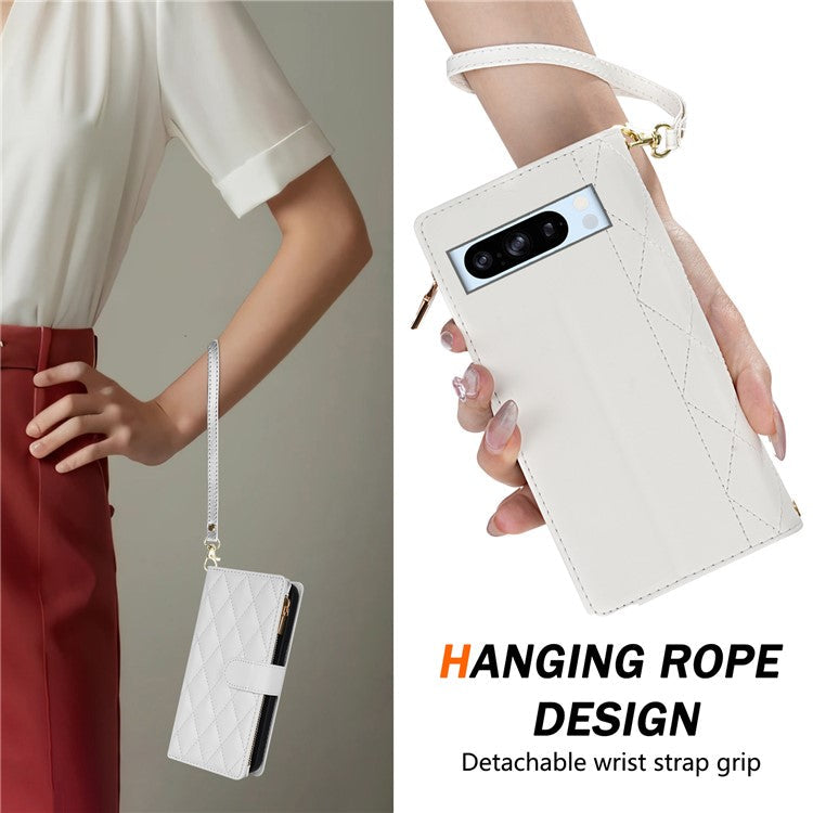 For Google Pixel 9 Pro XL Case Rhombus Stitching Leather Wallet Phone Cover with Long / Short Strap - White