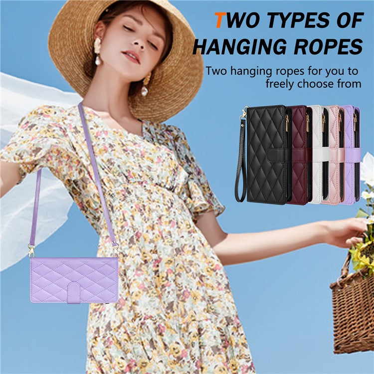 For Google Pixel 9 Pro XL Case Rhombus Stitching Leather Wallet Phone Cover with Long / Short Strap - Light Purple