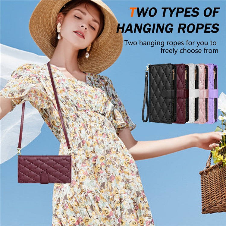 For Google Pixel 9 Pro XL Case Rhombus Stitching Leather Wallet Phone Cover with Long / Short Strap - Wine Red