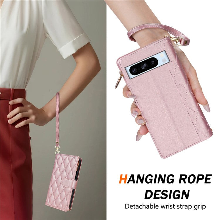 For Google Pixel 9 Pro XL Case Rhombus Stitching Leather Wallet Phone Cover with Long / Short Strap - Rose Gold