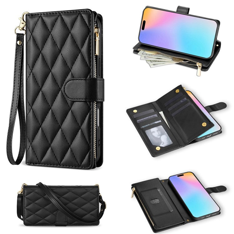 For iPhone 16 Case Rhombus Stitching Leather Wallet Phone Cover with Long / Short Strap - Black