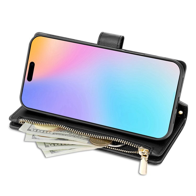 For iPhone 16 Case Rhombus Stitching Leather Wallet Phone Cover with Long / Short Strap - Black