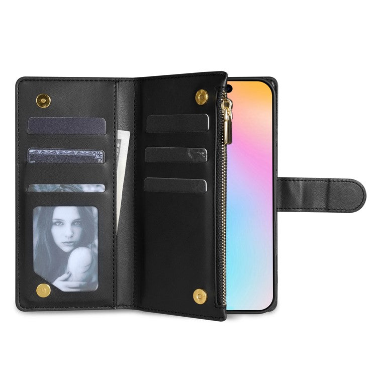 For iPhone 16 Case Rhombus Stitching Leather Wallet Phone Cover with Long / Short Strap - Black