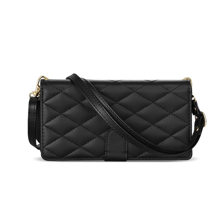 For iPhone 16 Case Rhombus Stitching Leather Wallet Phone Cover with Long / Short Strap - Black