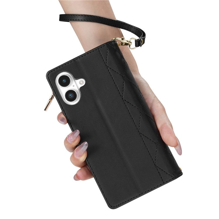 For iPhone 16 Case Rhombus Stitching Leather Wallet Phone Cover with Long / Short Strap - Black
