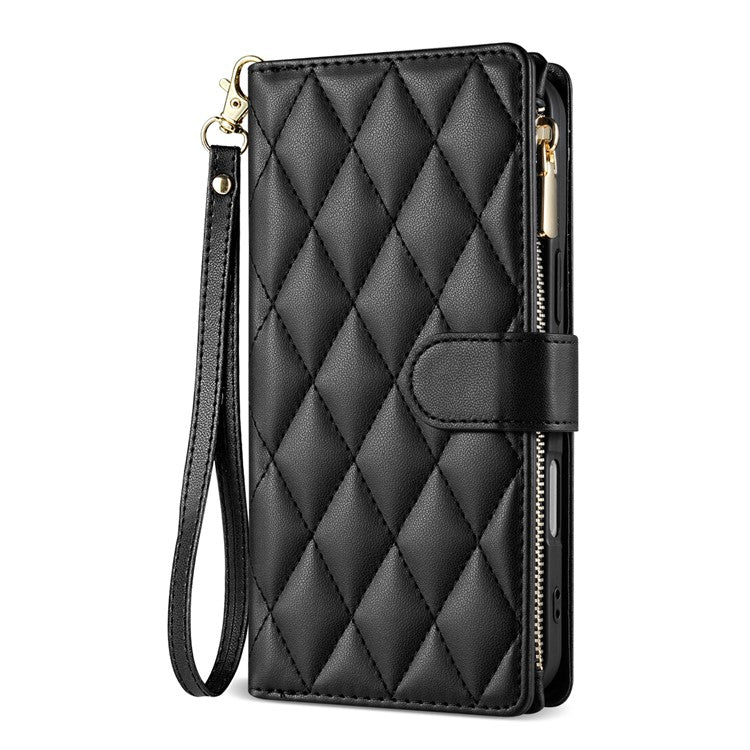 For iPhone 16 Case Rhombus Stitching Leather Wallet Phone Cover with Long / Short Strap - Black