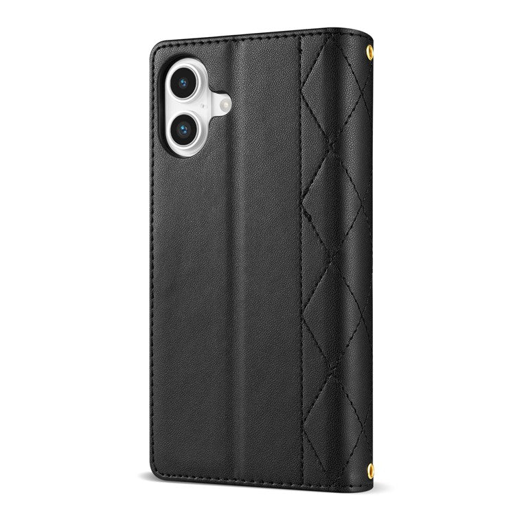 For iPhone 16 Case Rhombus Stitching Leather Wallet Phone Cover with Long / Short Strap - Black