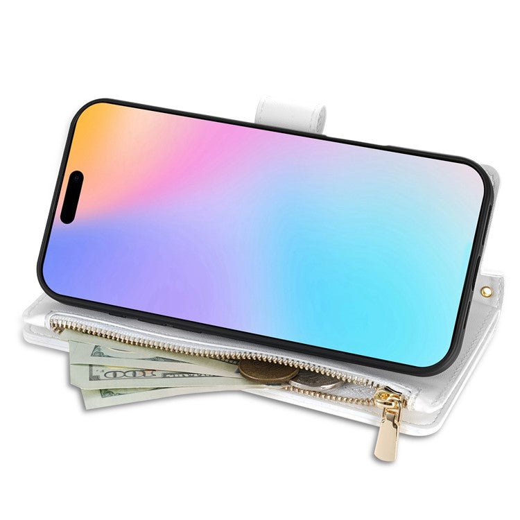 For iPhone 16 Case Rhombus Stitching Leather Wallet Phone Cover with Long / Short Strap - White