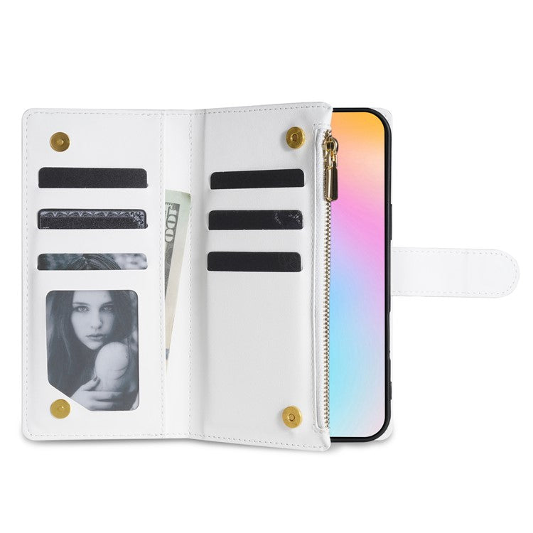 For iPhone 16 Case Rhombus Stitching Leather Wallet Phone Cover with Long / Short Strap - White