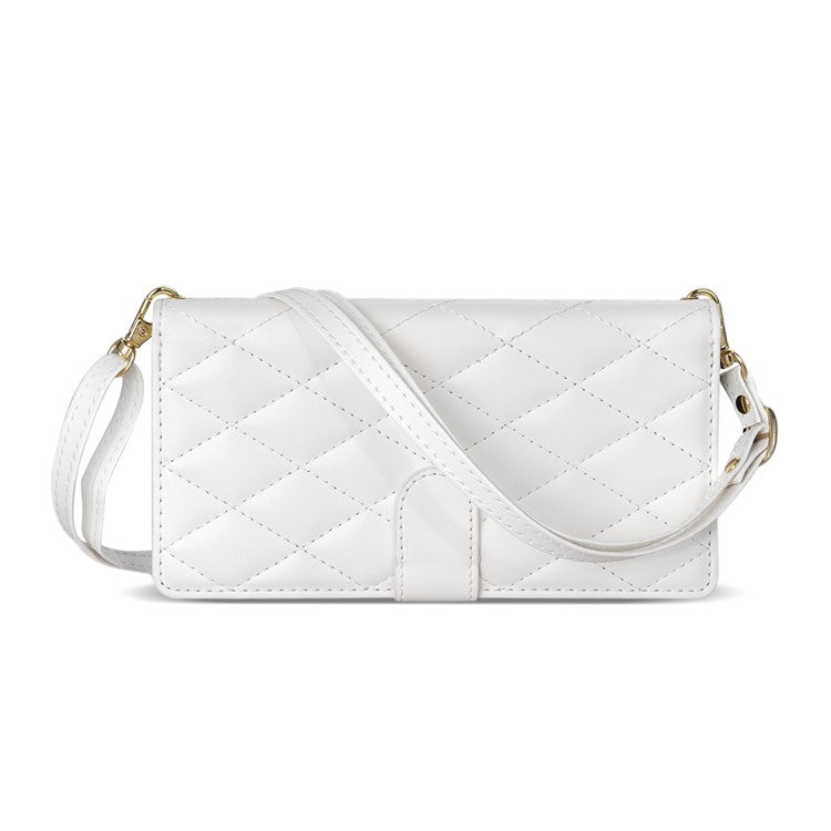 For iPhone 16 Case Rhombus Stitching Leather Wallet Phone Cover with Long / Short Strap - White